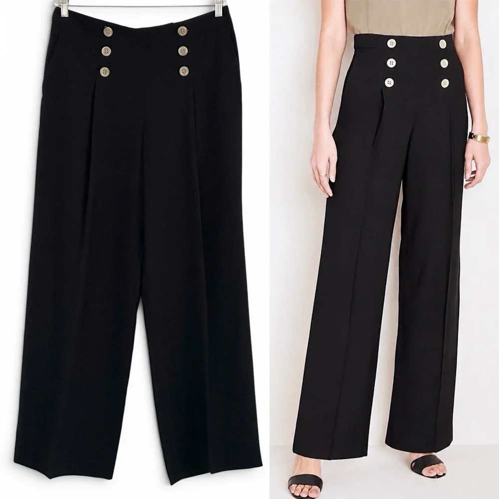 Ann Taylor Women's Size 12 Black High Rise Wide Leg Full Length Sailor Pants NWT